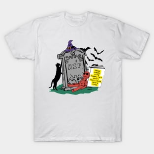 illustration of a graveyard tombstone and elements of witches represents a spell in process. T-Shirt